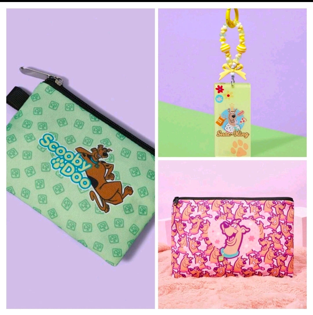 Scooby-Doo makeup pouch set, pink/green, black zipper, with keychain