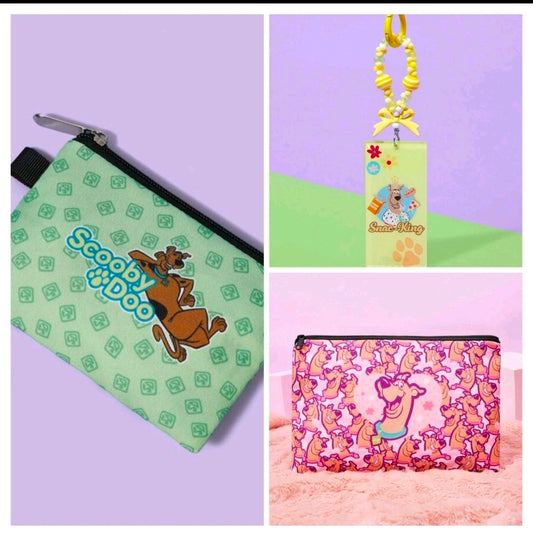 Scooby-Doo makeup pouch set, pink/green, black zipper, with keychain