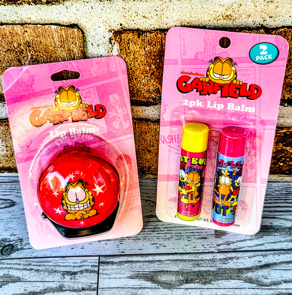 Garfield lip balm blister packs: red lip balm ball and 2-pack tubes in sleeves