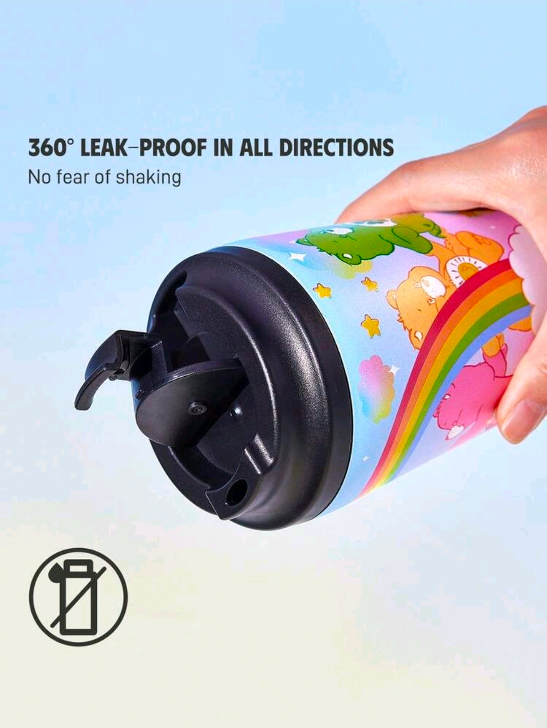 Care Bears rainbow stainless tumbler with black flip lid, bears and rainbow clouds print
