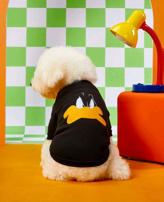 Black dog sweatshirt with Daffy Duck face graphic, short sleeves and collar