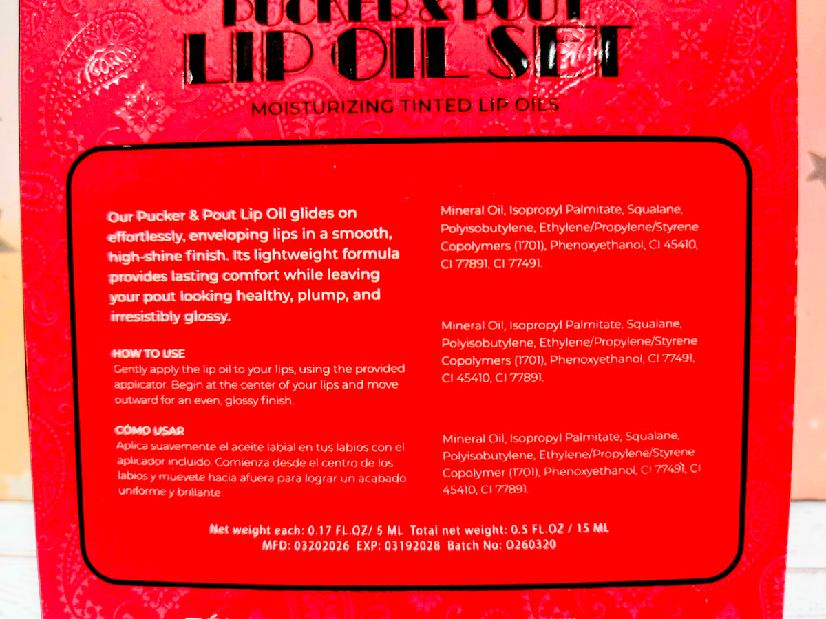 Celavi Betty Boop tinted lip oil set, back label on red gift box