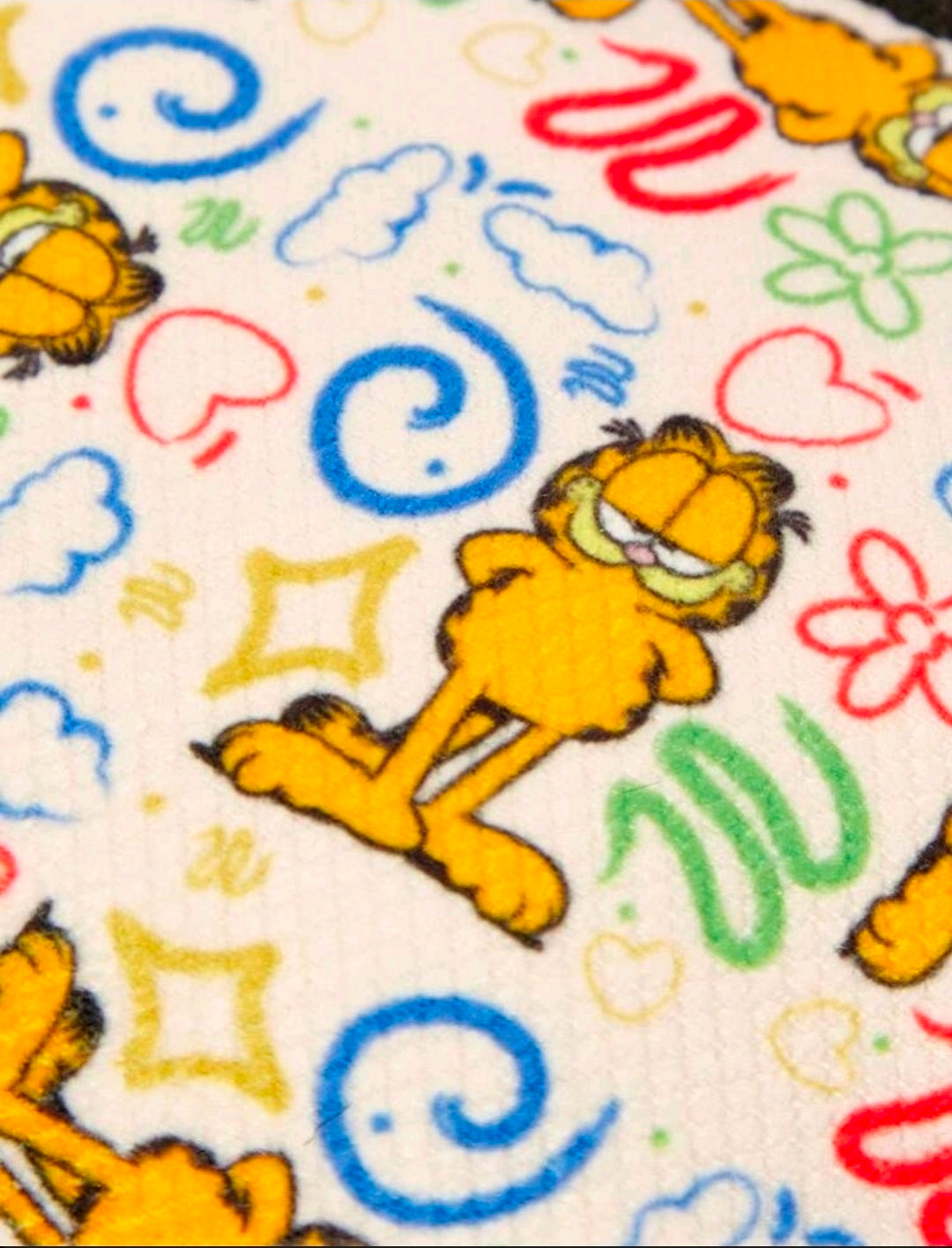 Coin pouch fabric panel with multicolor Garfield doodle print and cartoon dog pattern