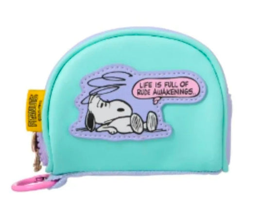Mint mini zip coin purse with Snoopy graphic patch and purple logo label