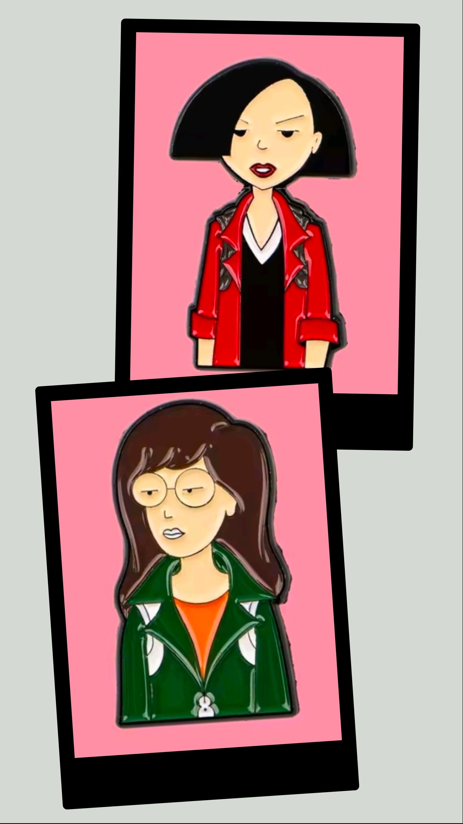 Two enamel character pins shown together: Jane in green jacket and woman in red coat.