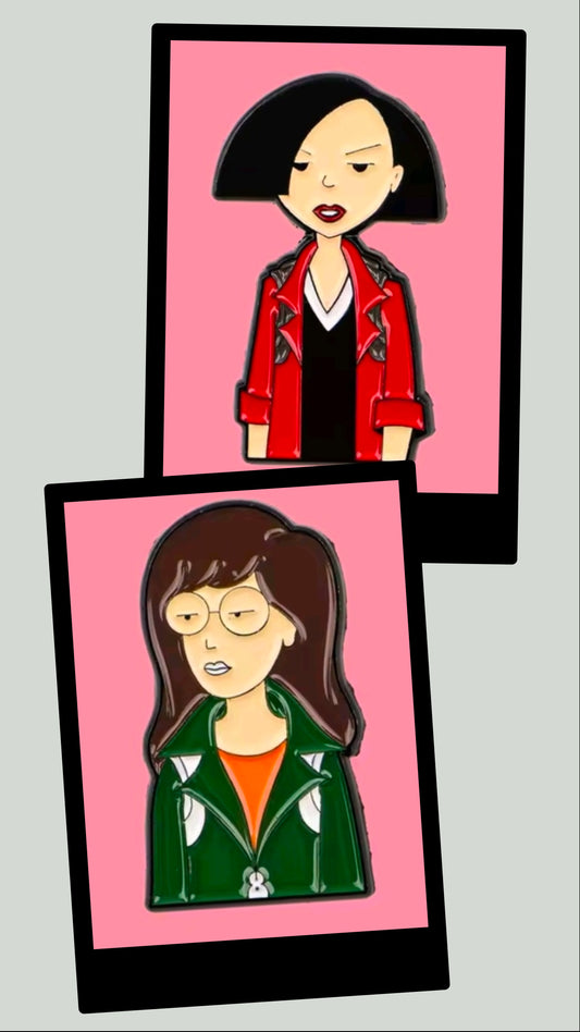 Two enamel character pins shown together: Jane in green jacket and woman in red coat.