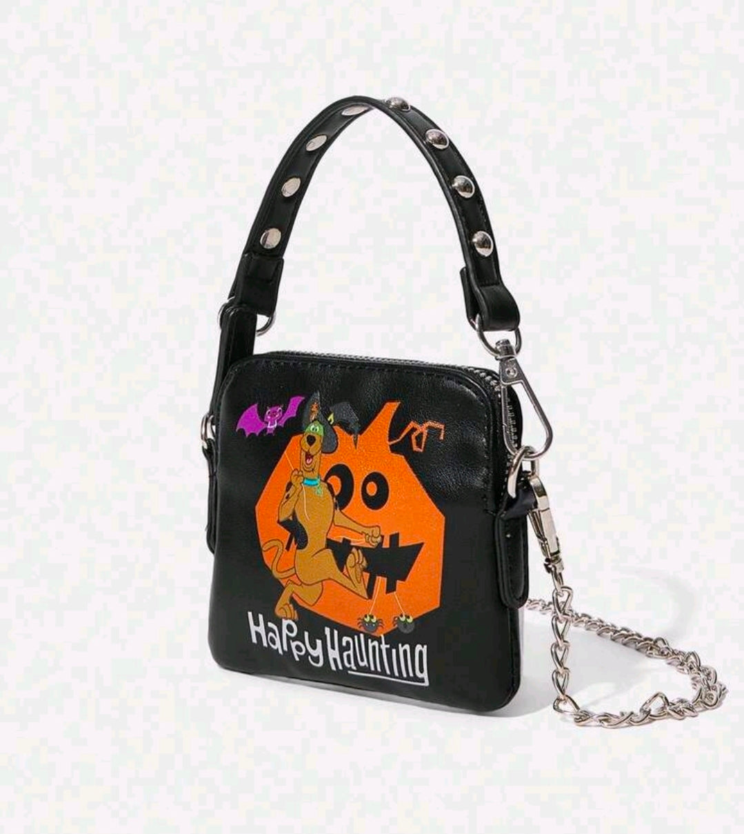 Black mini crossbody clutch purse with chain strap, zipper top, and Happy Haunting graphic