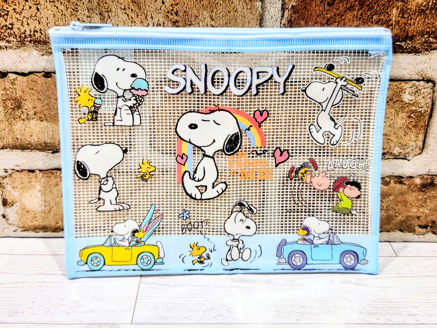 Snoopy Peanuts A5 Mesh Zip Pouch Bag Clear Kawaii Stationery Cosmetic Charlie Brown Woodstock
