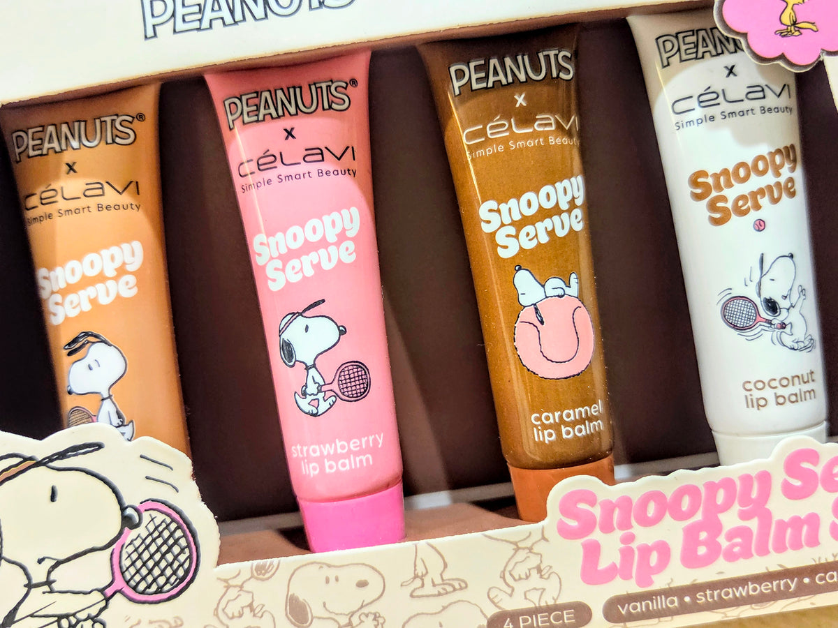 Snoopy Serve lip balm set tubes in brown, pink, orange, and white tones