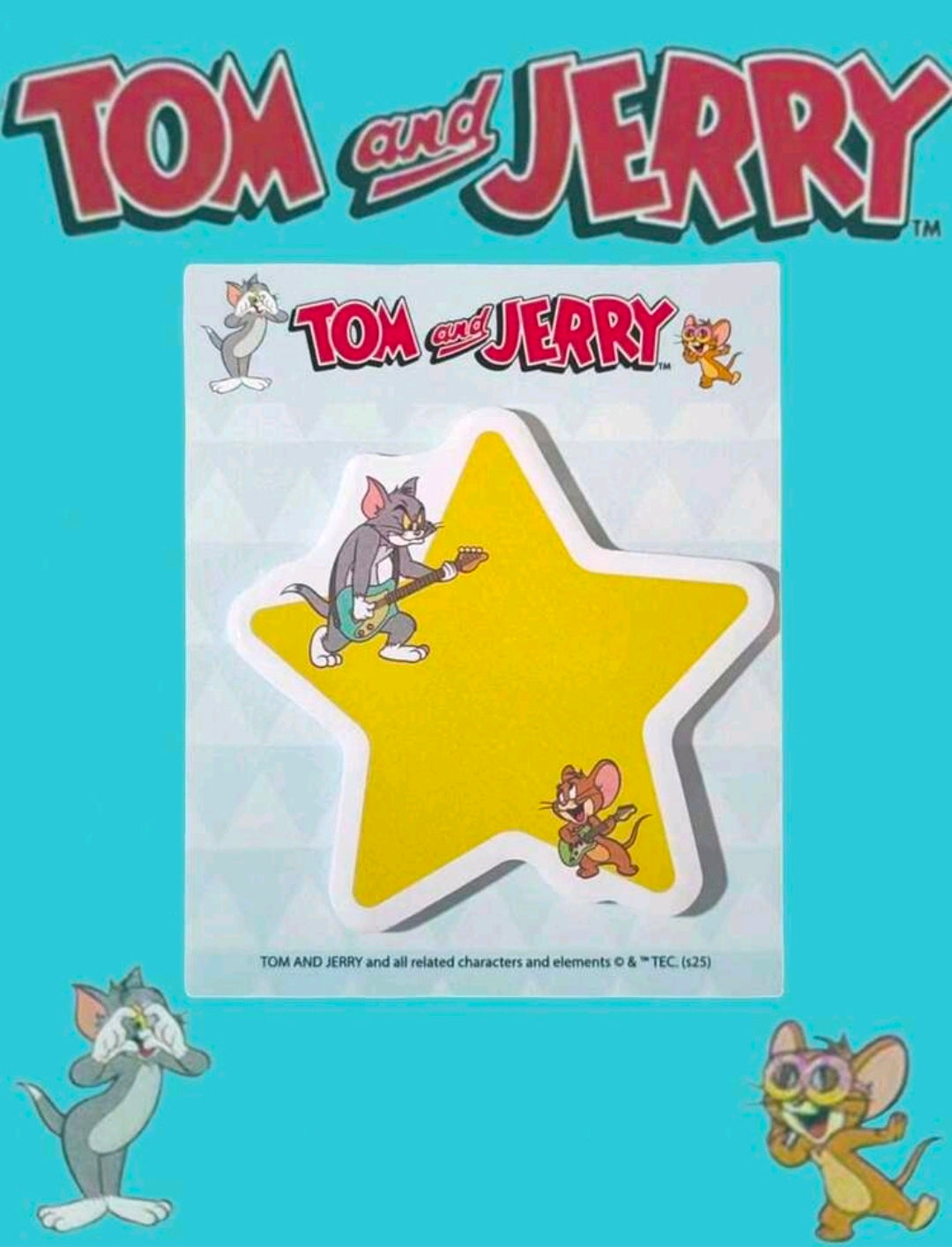 Yellow star-shaped Tom and Jerry sticky note pad shown in retail packaging