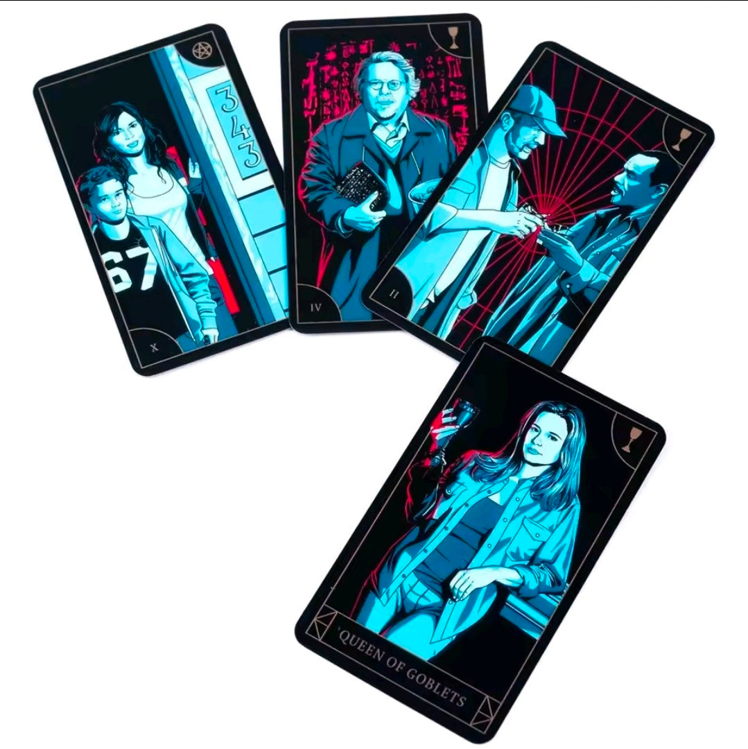 Set of tarot cards fanned out, blue neon figures and occult symbols