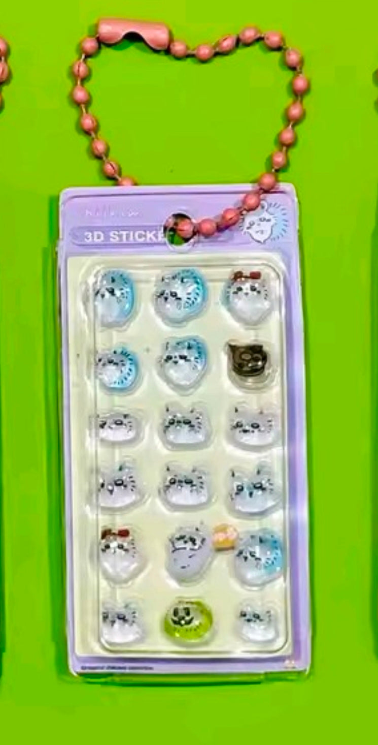 Mini gashapon sticker keychain with 3D character stickers and pink bead key ring