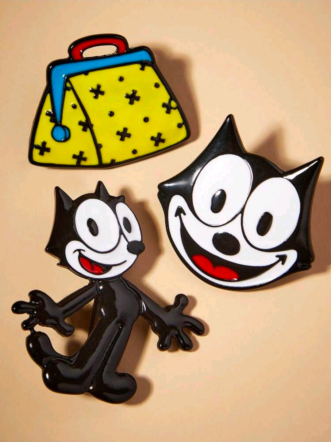 Felix the Cat Enamel Pin Set 3pc Face Body Bag Licensed Retro NEW