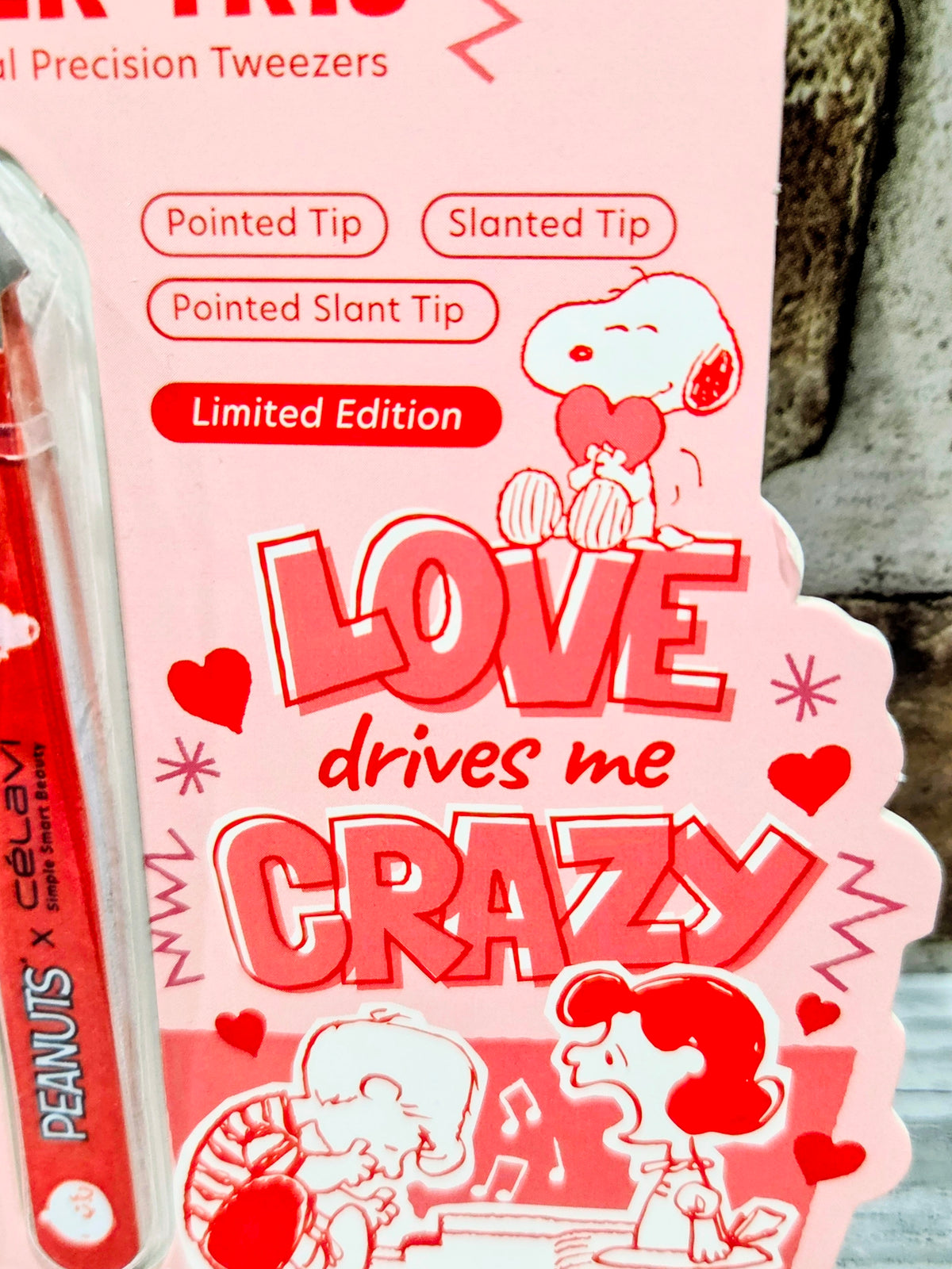 Love Drives Me Crazy themed tweezer trio card with red Snoopy and heart graphics