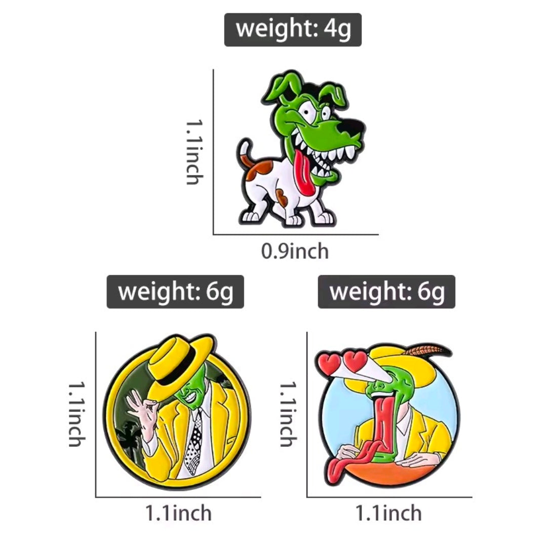 3-piece enamel pin set with three round cartoon character pins, shown with sizing