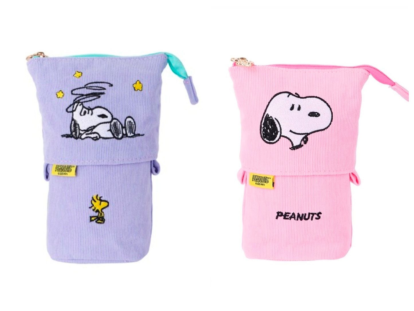 Corduroy pop-up pencil case set with Snoopy embroidery, lavender and pink, standing.