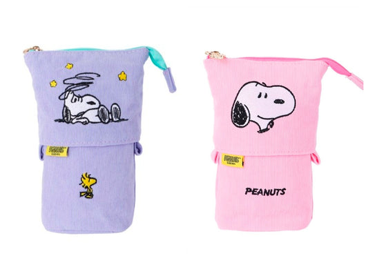 Corduroy pop-up pencil case set with Snoopy embroidery, lavender and pink, standing.