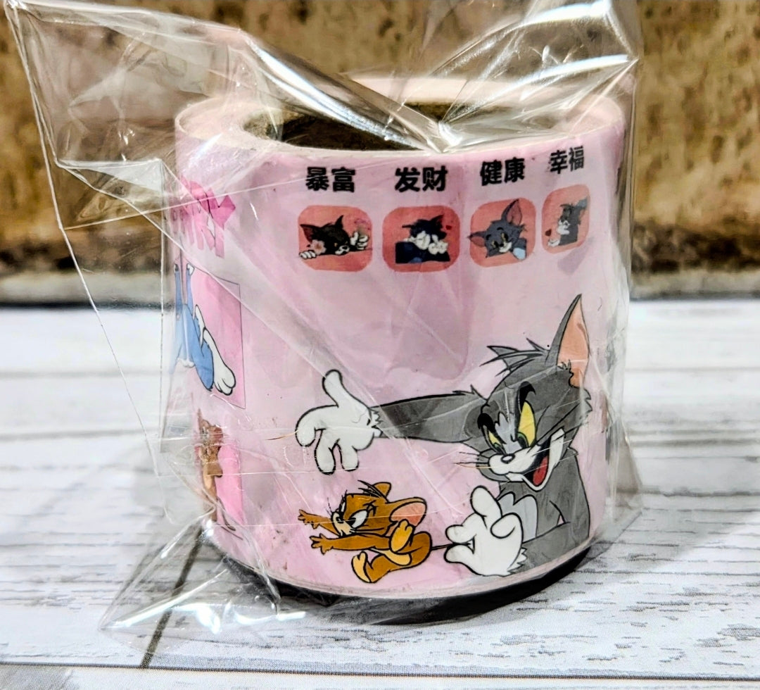 Tom & Jerry pink washi tape roll in plastic wrap, character and label icons