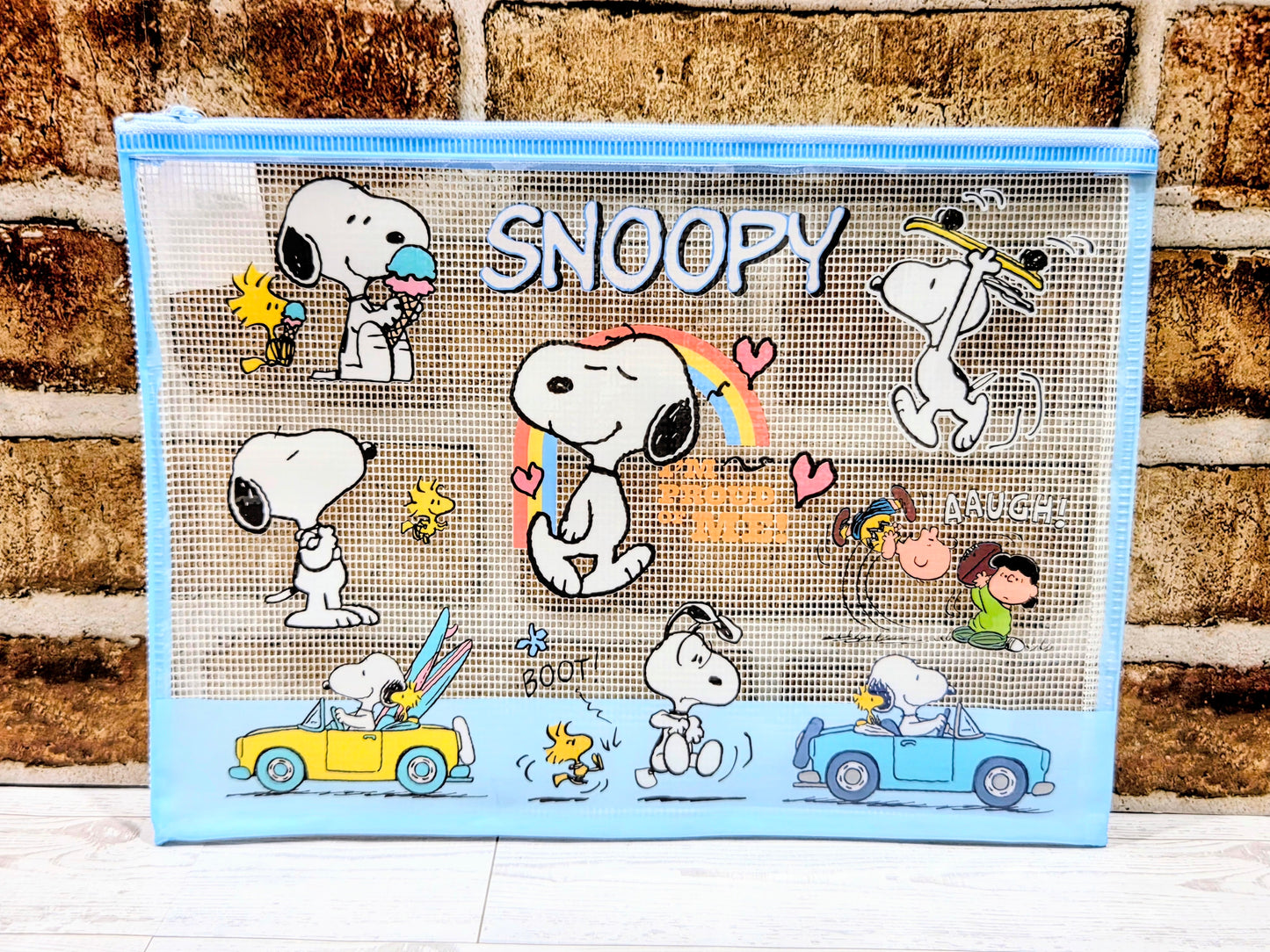 Snoopy Peanuts A4 Mesh Zip Pouch Pencil Case Clear Kawaii Stationery Bag Charlie Brown Woodstock