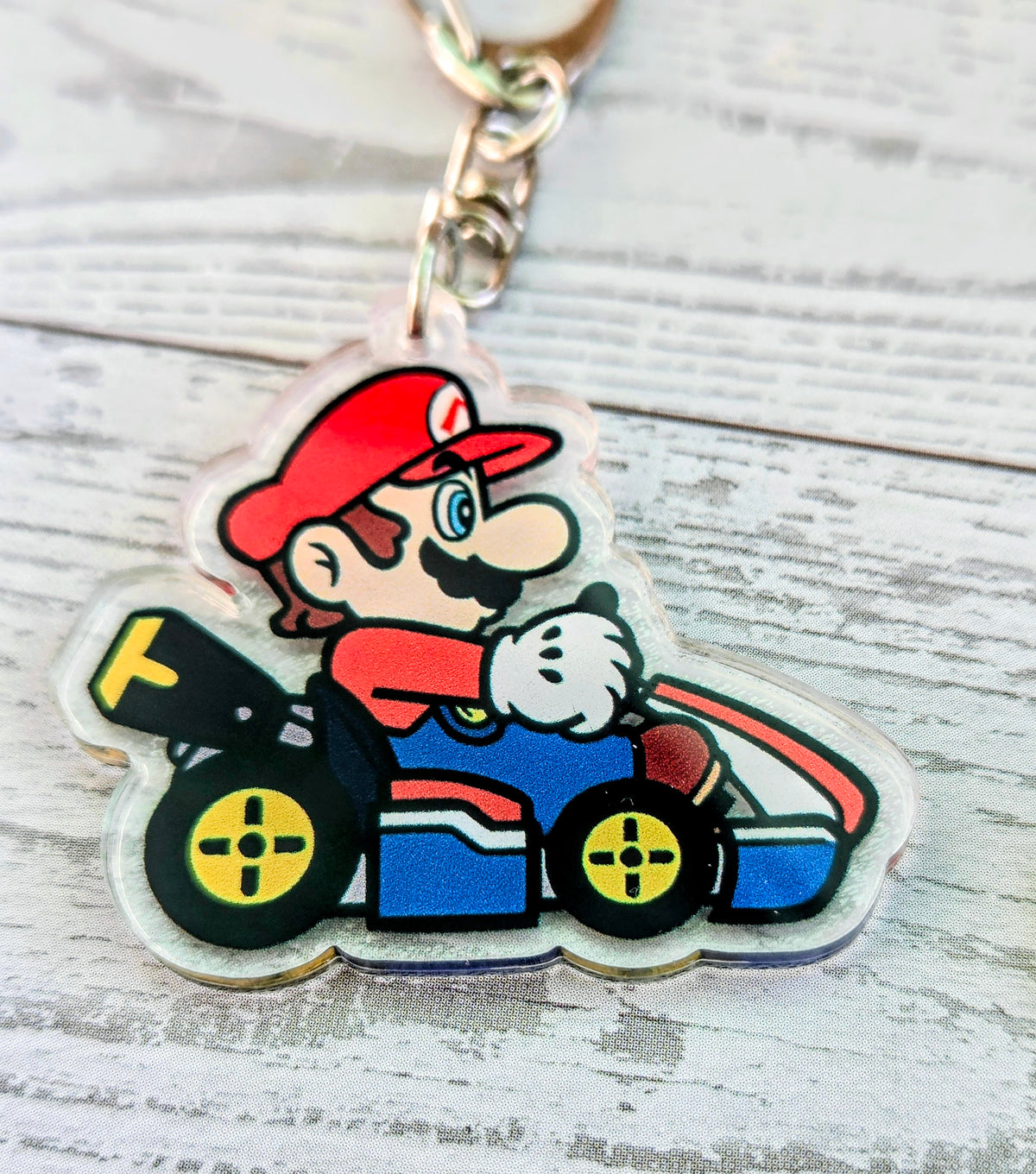 Mario in kart acrylic keychain with gold ring and chain links