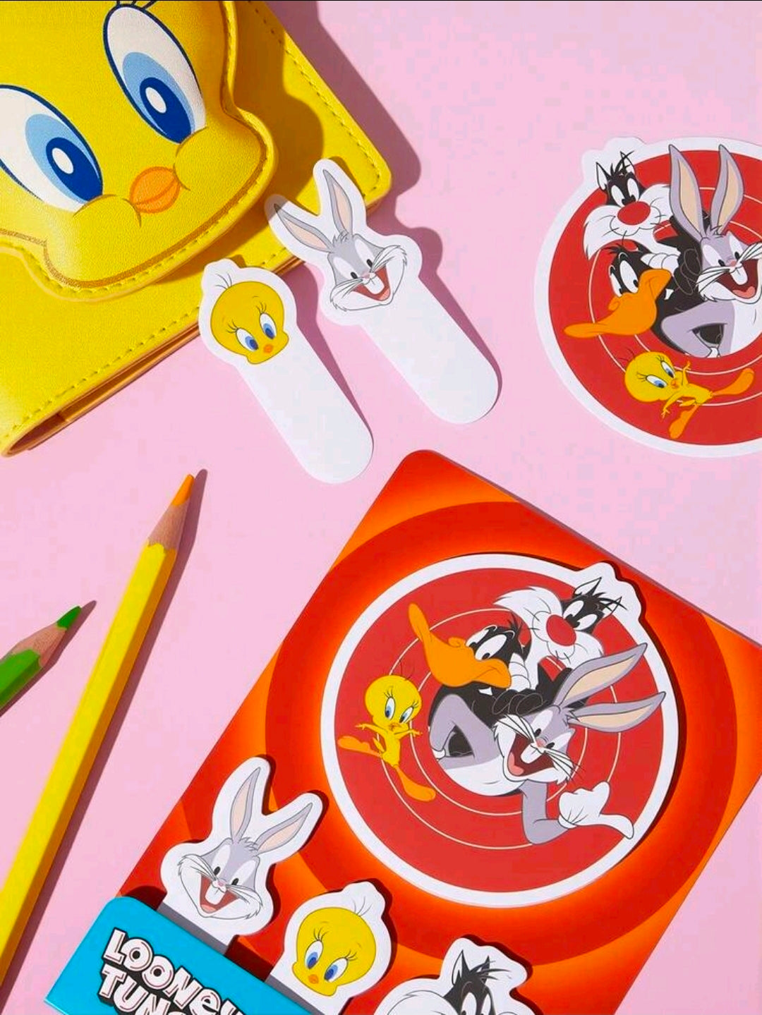 Sticky note pad set with orange cover and character-shaped sticky tabs