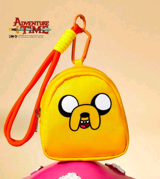 Yellow mini zipper pouch with Jake dog face, red-orange strap with carabiner