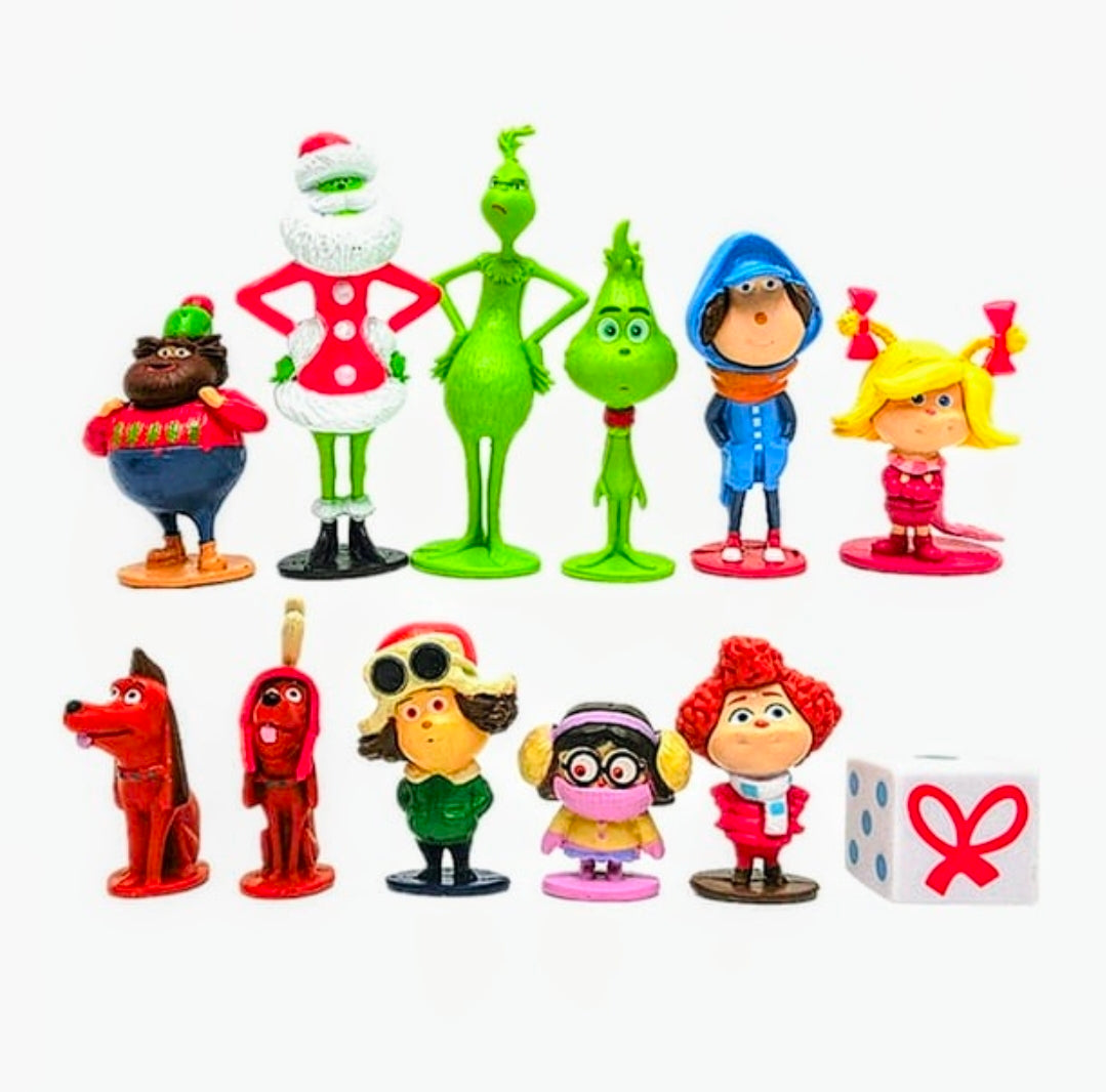 Twelve Grinch-themed mini character figures, including green aliens and a red Santa-style figure