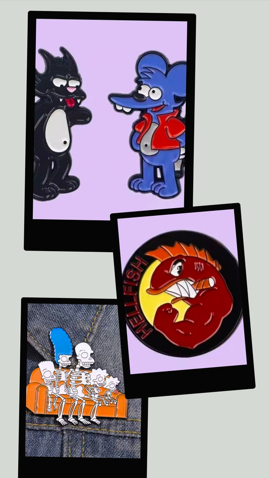 Four character enamel pins shown on square display cards