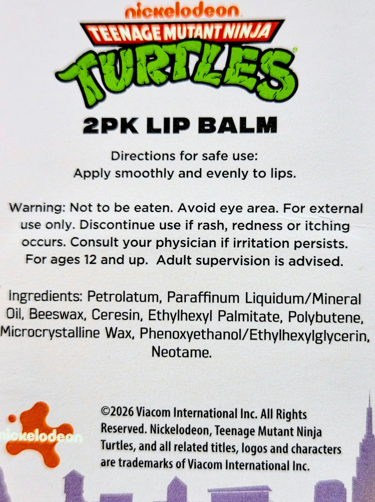 TMNT 2-pack lip balm label with directions and ingredients text