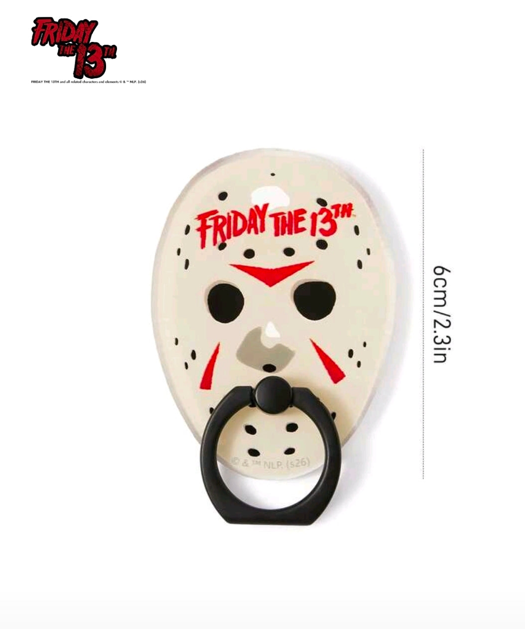 Oval puffy sticker with Friday the 13th face graphic in black ring holder