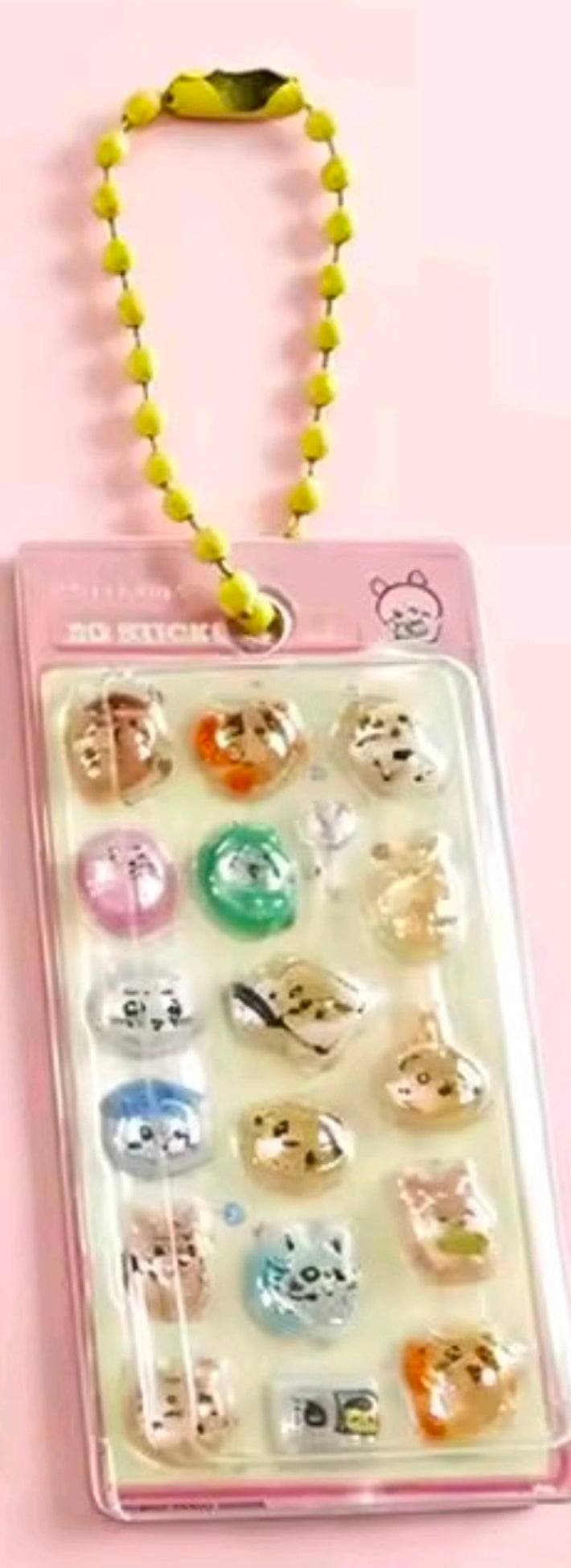 Mini gashapon sticker keychain with 3D character sticker sheet and yellow bead key ring