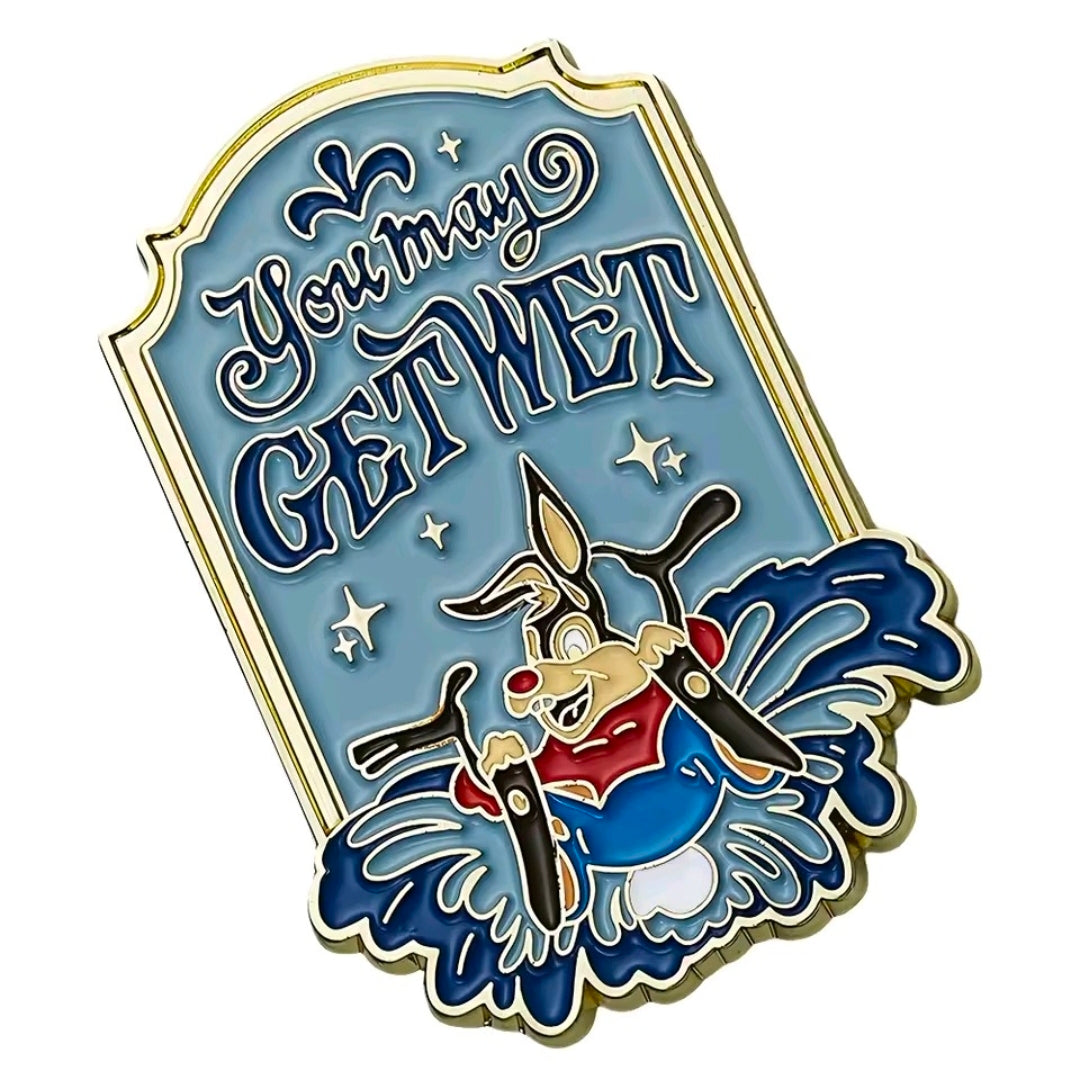 Enamel lapel pin with blue “Get Wet” sign and Br’er Rabbit splashing