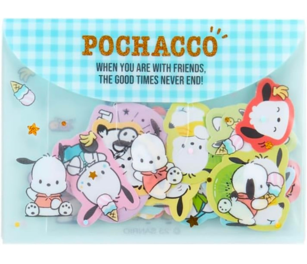 Pochacco die-cut flake sticker set in a clear pouch with assorted Pochacco characters