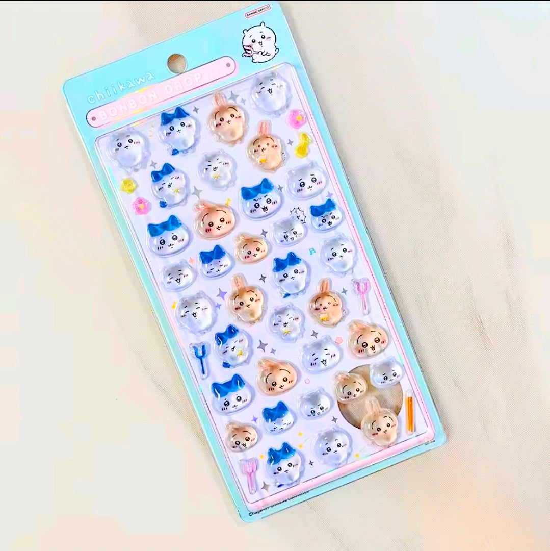Blue Chiikawa Bon Bon Drop 3D acrylic sticker sheet with cute character faces