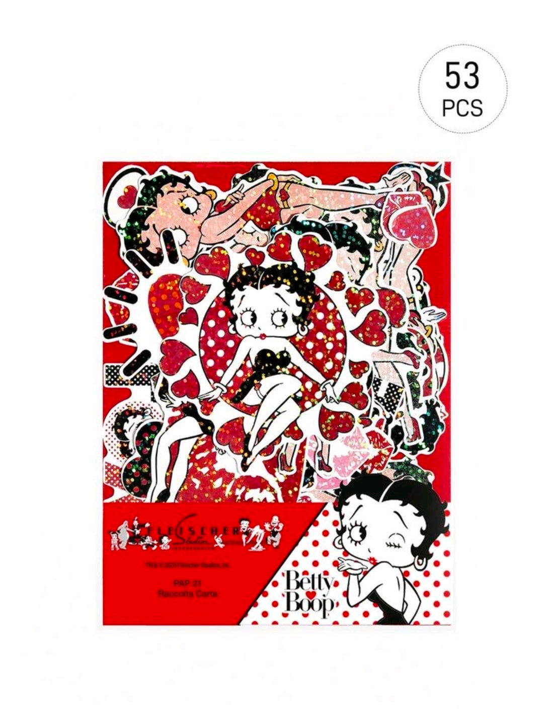 Betty Boop holographic decal sticker pack, 53 pcs; Betty, hearts, and paws.