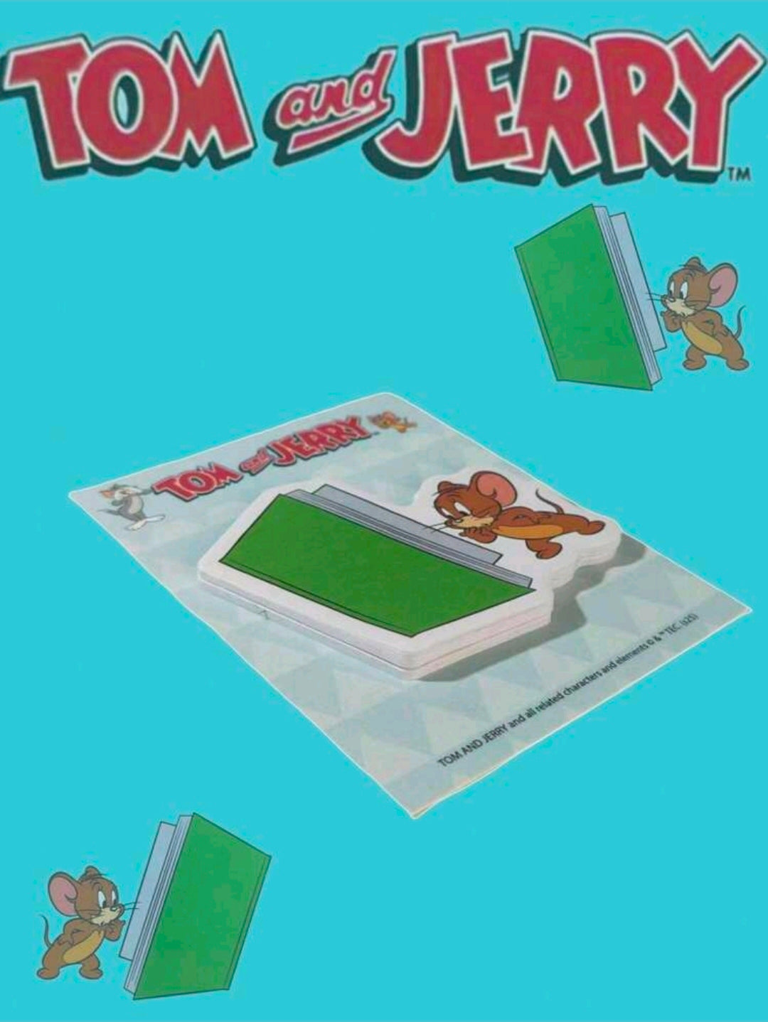 Tom and Jerry sticky note pad with green die-cut notes and character backing cards