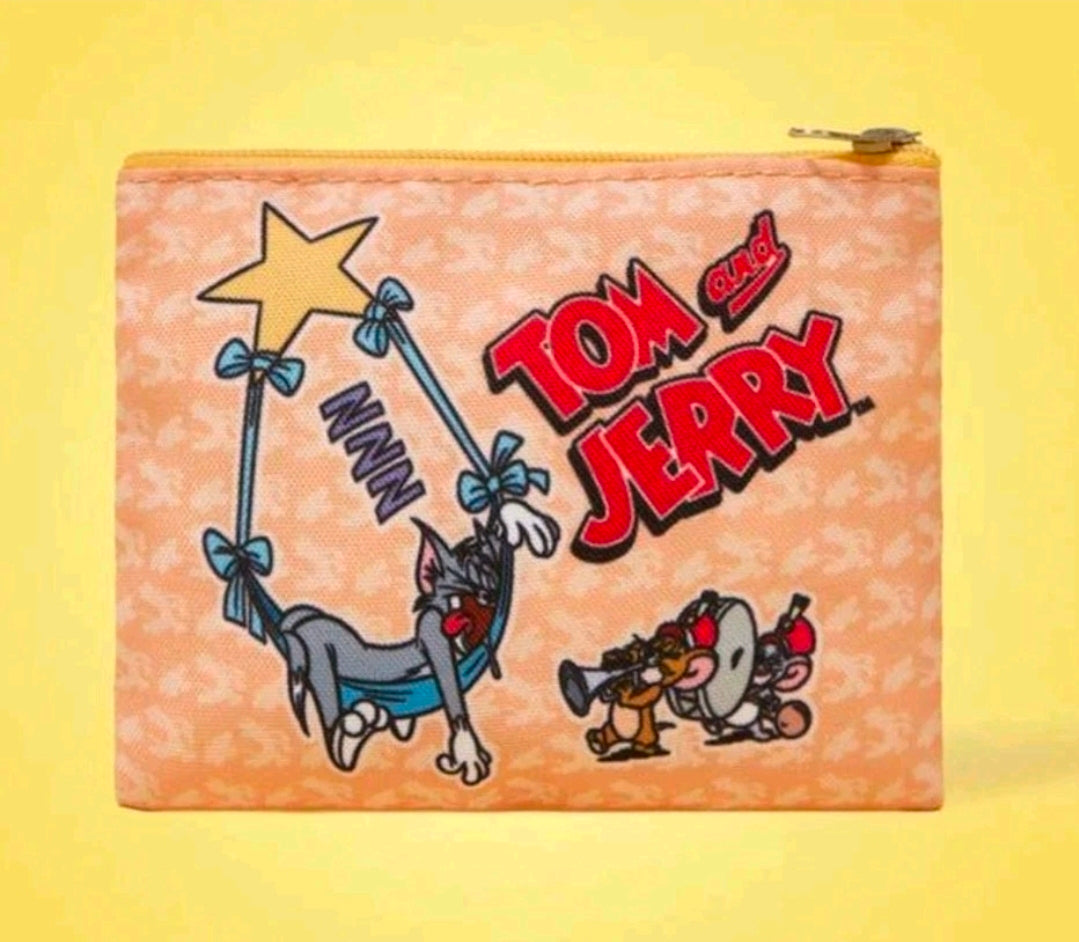 Tom and Jerry zipper pouch with cartoon duo, palm tree art, and zipper closure