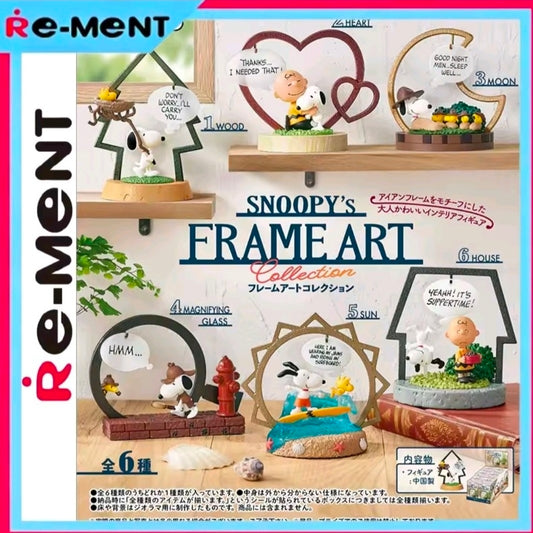 Re-Ment Snoopy's FrameArt Collection package featuring six Peanuts figure designs