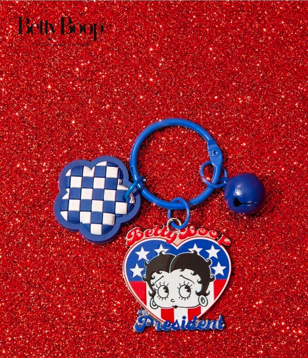 Patriotic enamel Betty Boop keychain with blue loop, check heart, and President badge