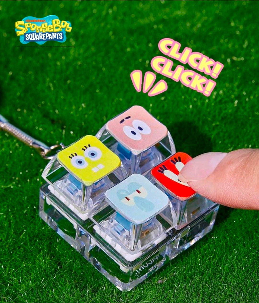 Clear 2x2 SpongeBob fidget keychain charm with a finger pressing one character tile