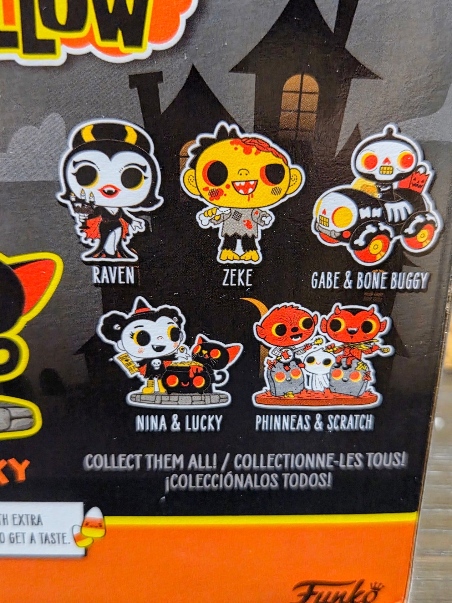Funko Boo Hollow character box front, black panel with Raven, Zeke, and other figures