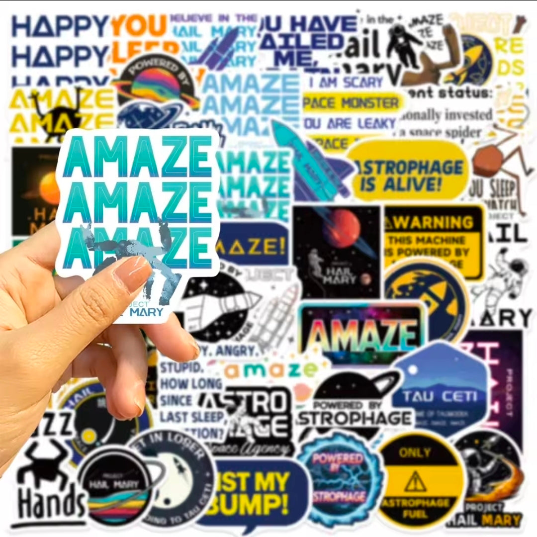 Vinyl sticker sheet featuring colorful space logos, word bubbles, and badge icons