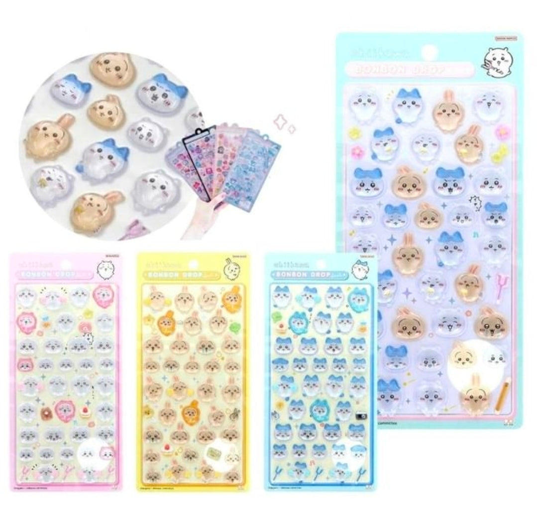 Chiikawa Bon Bon Drop 3D acrylic sticker sheets shown with sticker details and shapes