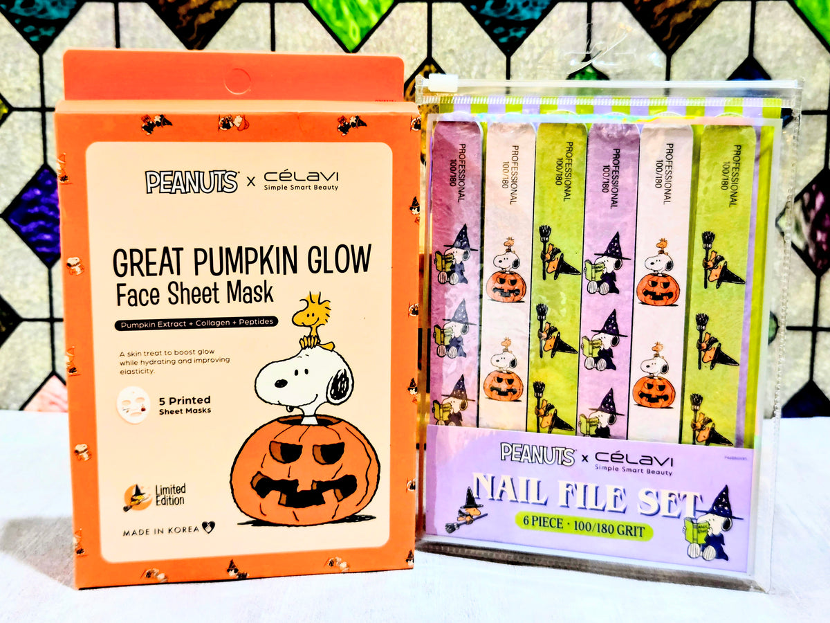 Great Pumpkin Glow face mask box with Halloween nail file set pouch in clear packaging