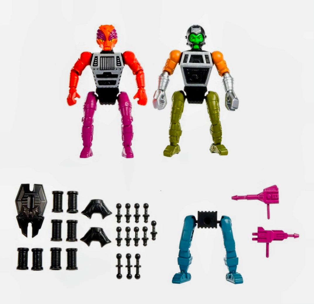 Two modular robot action figures with spare parts, weapons, and gray torso pieces