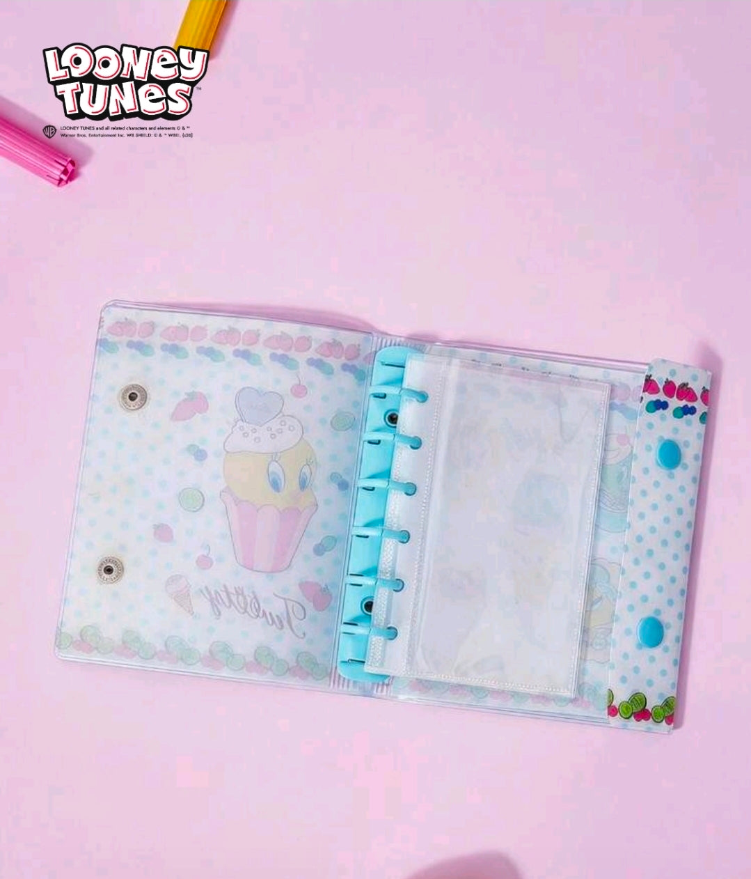 A7 6-ring planner sticker album with snap closures, clear cover with ring binder pages