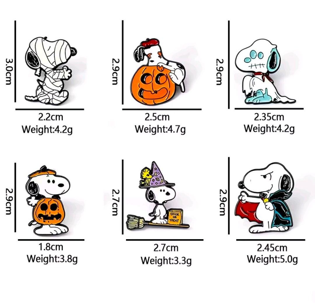 Snoopy Halloween enamel pin set with six colorful designs: ghost, pumpkin, witch hat, and more.