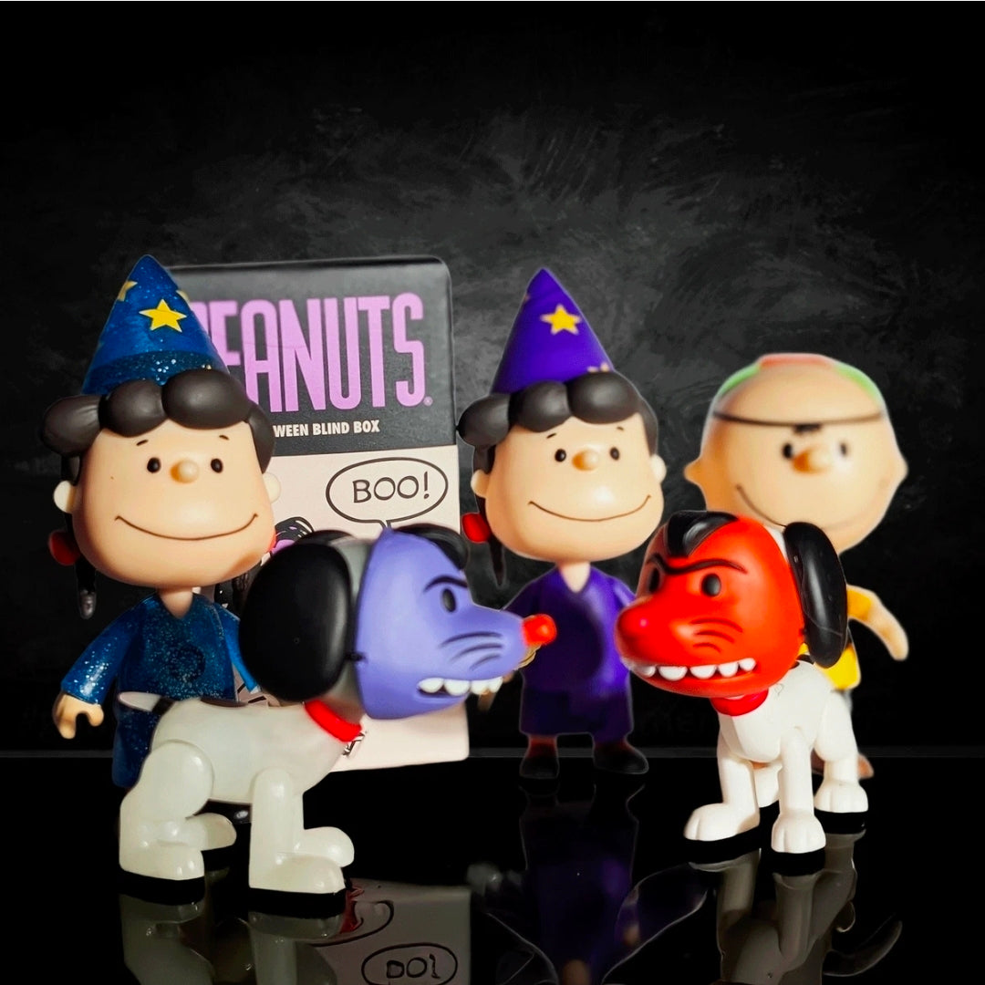 Peanuts Halloween blind box figures group with Charlie Brown in blue glitter and witch hat