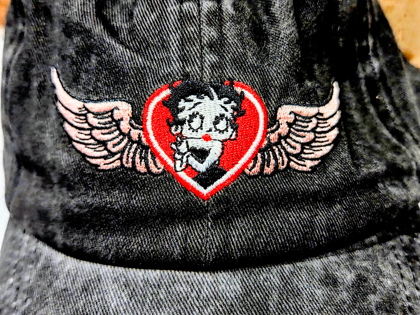 Betty Boop Embroidered Dad Hat Wings Heart Adjustable Black Denim Cap