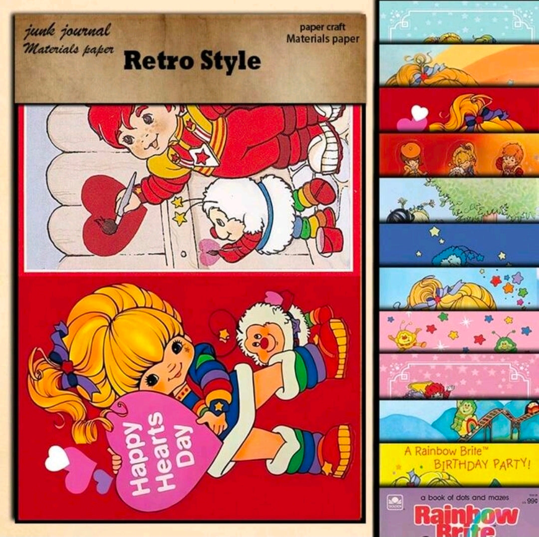 Retro Style Rainbow Brite paper pad cover with character illustrations and Happy Hearts Day